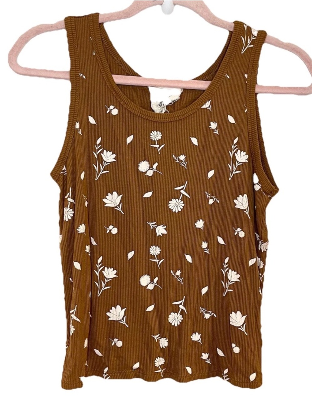 French Pastry Women's Brown Floral Ribbed Tank Top Cottagecore Size M